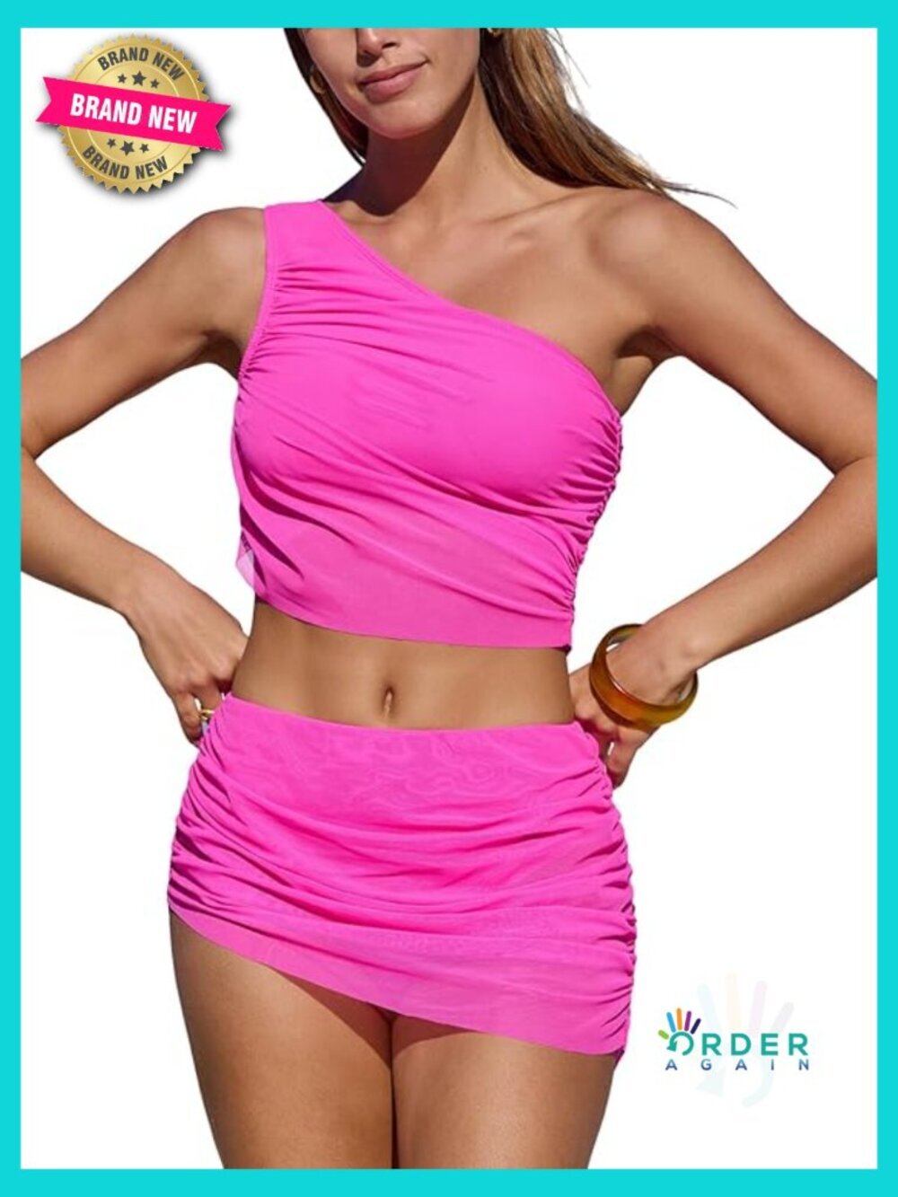 Two Piece Bikini Set One Shoulder Ruched Mesh Skirt Bottom Asymmetrical